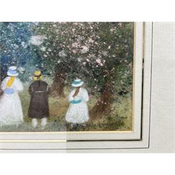 Gabrielle Bellocq (French 1920-1999): Figures Admiring Blossom, pastel signed 15cm x 21cm 