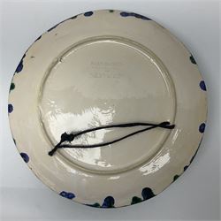 Two 20th Century Portuguese Palissy style Majolica wall plates, one depicting a crab, the other a lobster each to the centre modelled in relief surrounded by encrustations and shells, both with impress marks beneath, D32cm