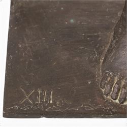 Modernist School (mid-20th century) - bronze cast sculpture depicting a blind man resting on a stand, holding a book and cane with braille detail, signed Lei, dated 2000 and edition 13 H33cm