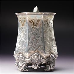 Victorian silver christening mug of panel sided design with gilded interior, engraved decoration and scroll handle and feet H10cm London 1848 Maker Charles Reily & George Storer