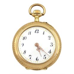 Swiss 14ct gold ladies keyless cylinder pocket watch, white enamel dial with Arabic numerals, back case with engine turned and blue enamel decoration, squirrel hallmark