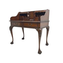 Georgian design mahogany writing desk, raised superstructure back fitted with central cupboard flanked by pigeonholes and drawers, carved gadroon edge over two drawers, raised on cabriole supports with acanthus moulded and carved knees terminating in ball and claw feet
