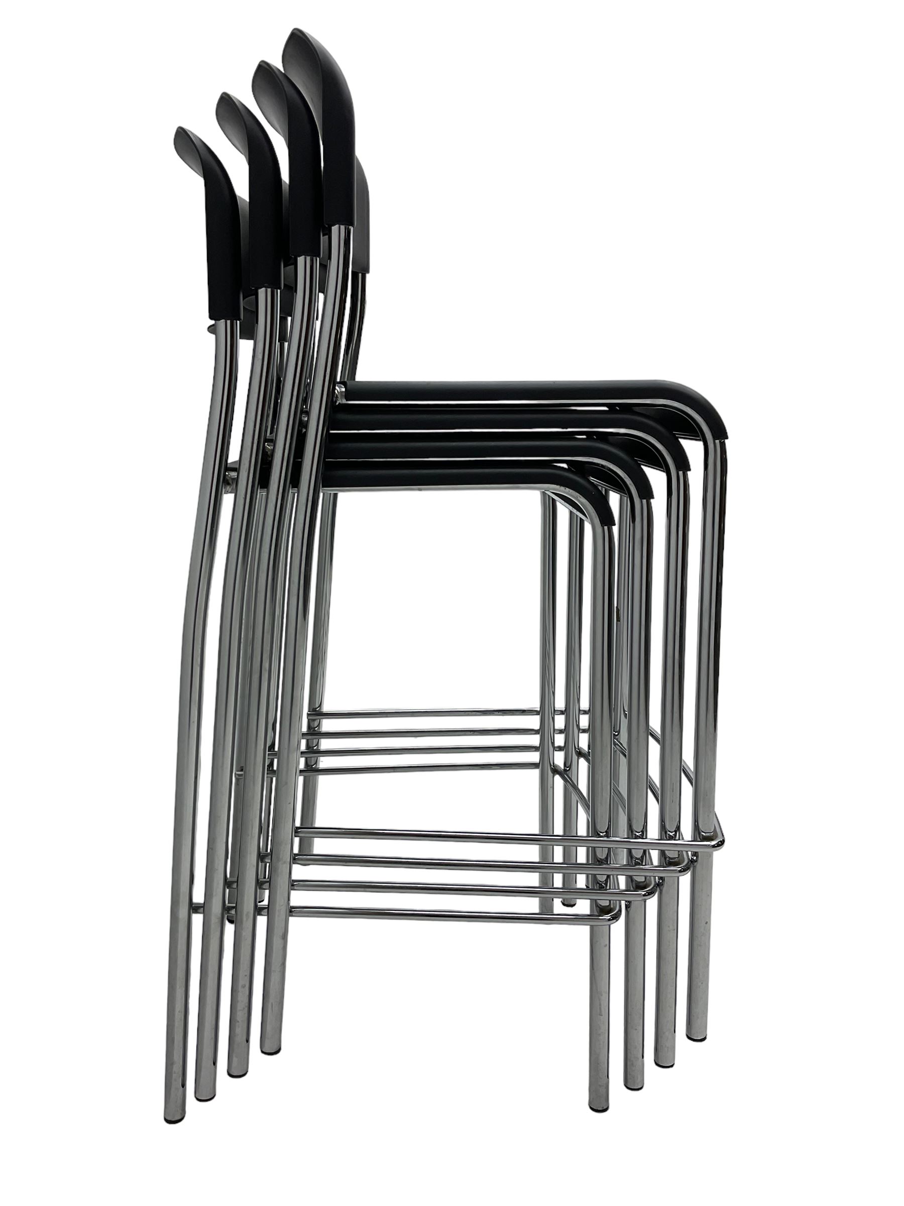 Set four Italian stacking bar stools, black back and seat over chrome supports