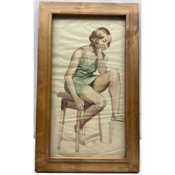 John Napper (British 1916-2001): Girl on a Stool, watercolour signed and indistinctly dated '33, 39cm x 20cm