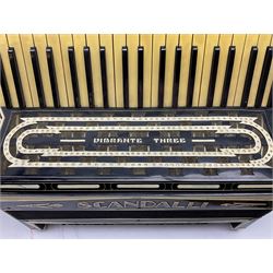 Scandalli Vibrante Three piano accordion in Art Deco black and white case with jewelled decoration, twenty-four keys and one-hundred and twenty buttons; inscribed '5700 Camerano Italia'; serial no.3414 L54cm; in carrying case with strap