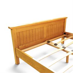 Oak double bed, tongue and groove head and footboard, square supports