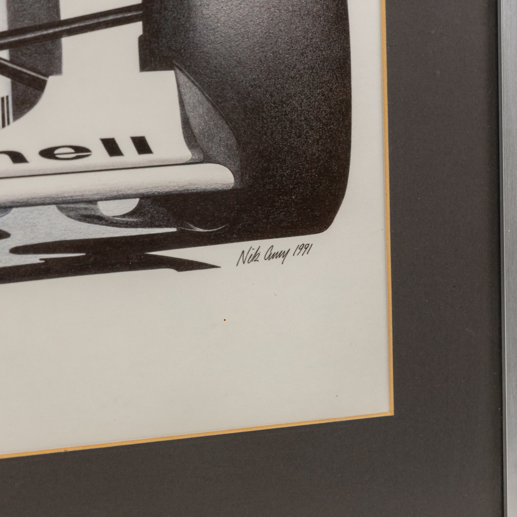 Four Formula 1 racing prints by Nik Curry, including a signed limited edition example, all within silver frames, H38cm, W59cm