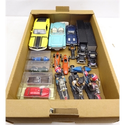  Collection of die-cast model Cars, Ertl Mustang, Burago Chevrolet, Matchbox, Solido etc three Best of British, Born to Ride Ltd. ed. Motorcycle models, in one box  