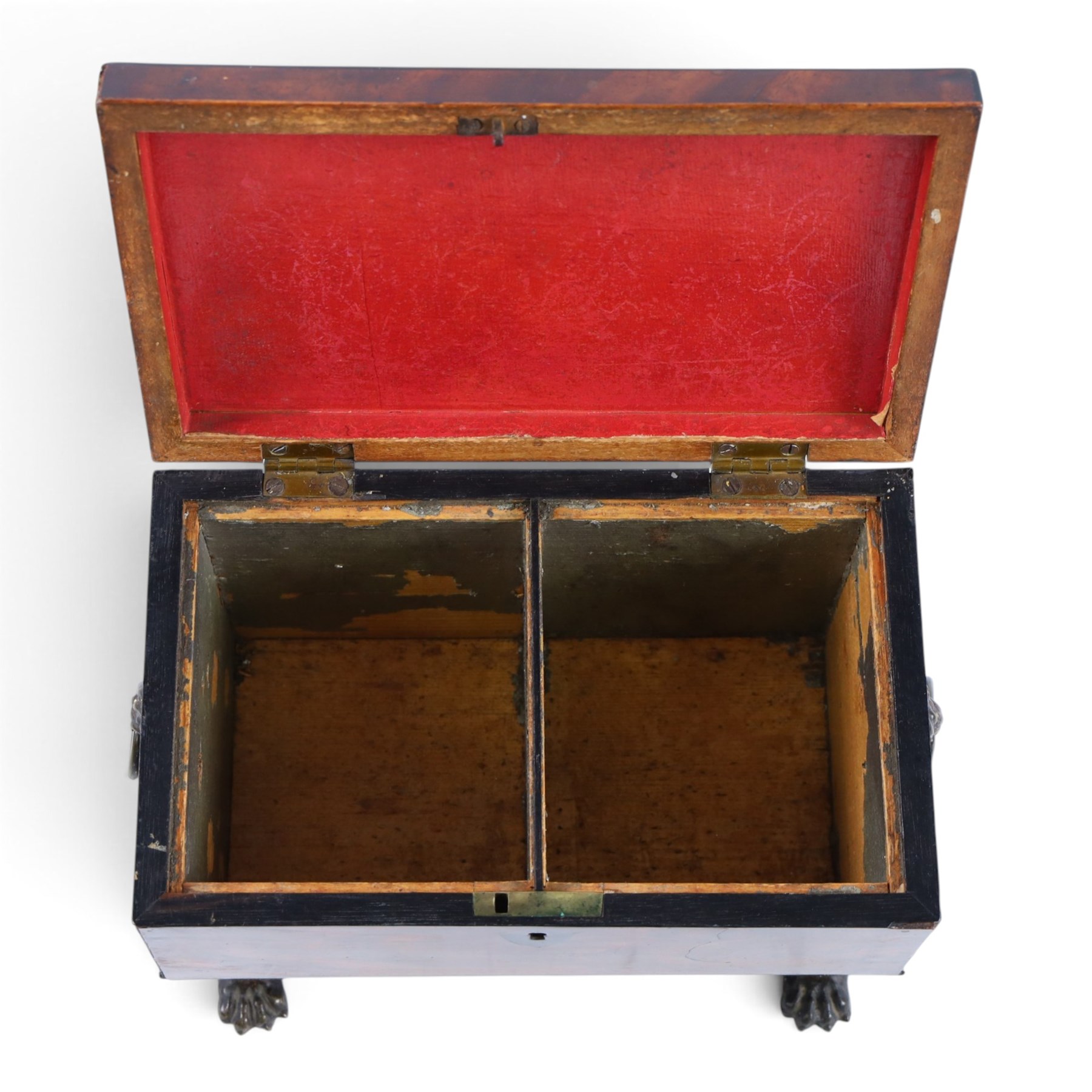 Regency mahogany sarcophagus tea caddy, the hinged lid opening to reveal two compartments, upon paw feet, H18cm