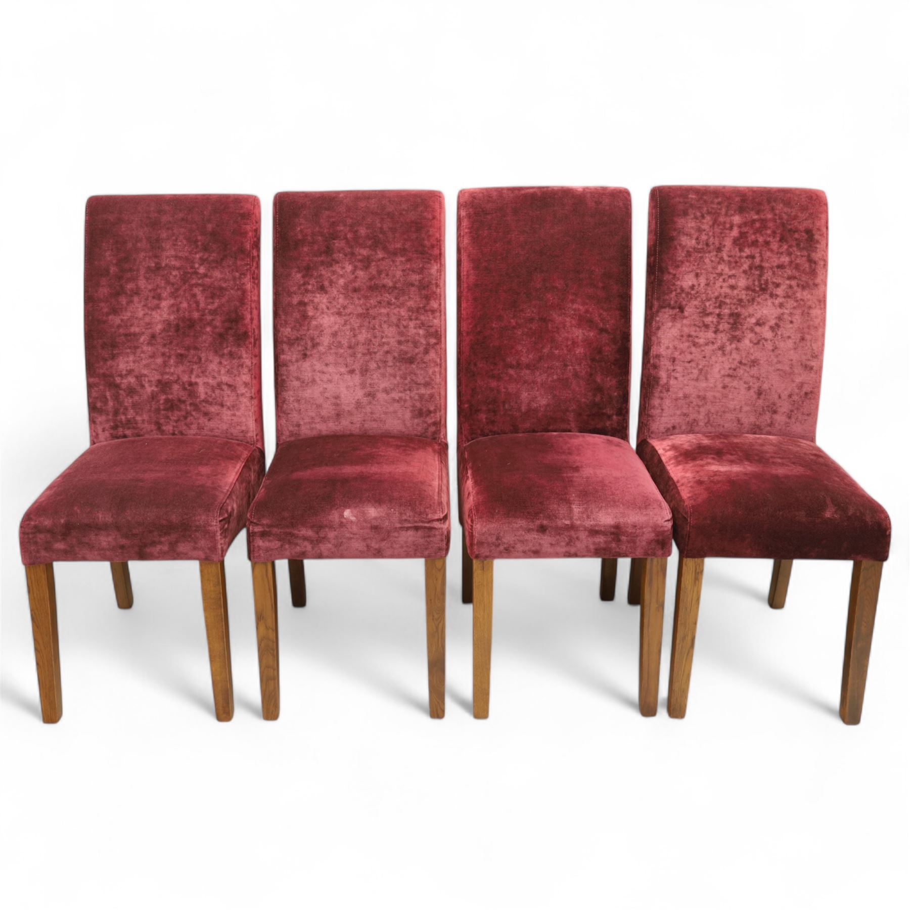Willis & Gambier - mahogany extending dining table, rectangular top with rounded corners on cabriole legs, with two 35cm extension leaves, four Willis & Gambier upholstered high back chairs and four mahogany chairs, upholstered in a stripped multi-coloured velvet fabric, with scroll-shaped top rail, lyre-shaped back splat on cabriole legs, chairs W46xD91x97cm (11) 