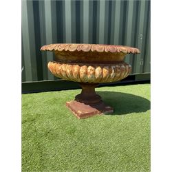 Cast iron centre-piece garden urn, egg and dart rim, squat pedestal base - THIS LOT IS TO BE COLLECTED BY APPOINTMENT FROM DUGGLEBY STORAGE, GREAT HILL, EASTFIELD, SCARBOROUGH, YO11 3TX