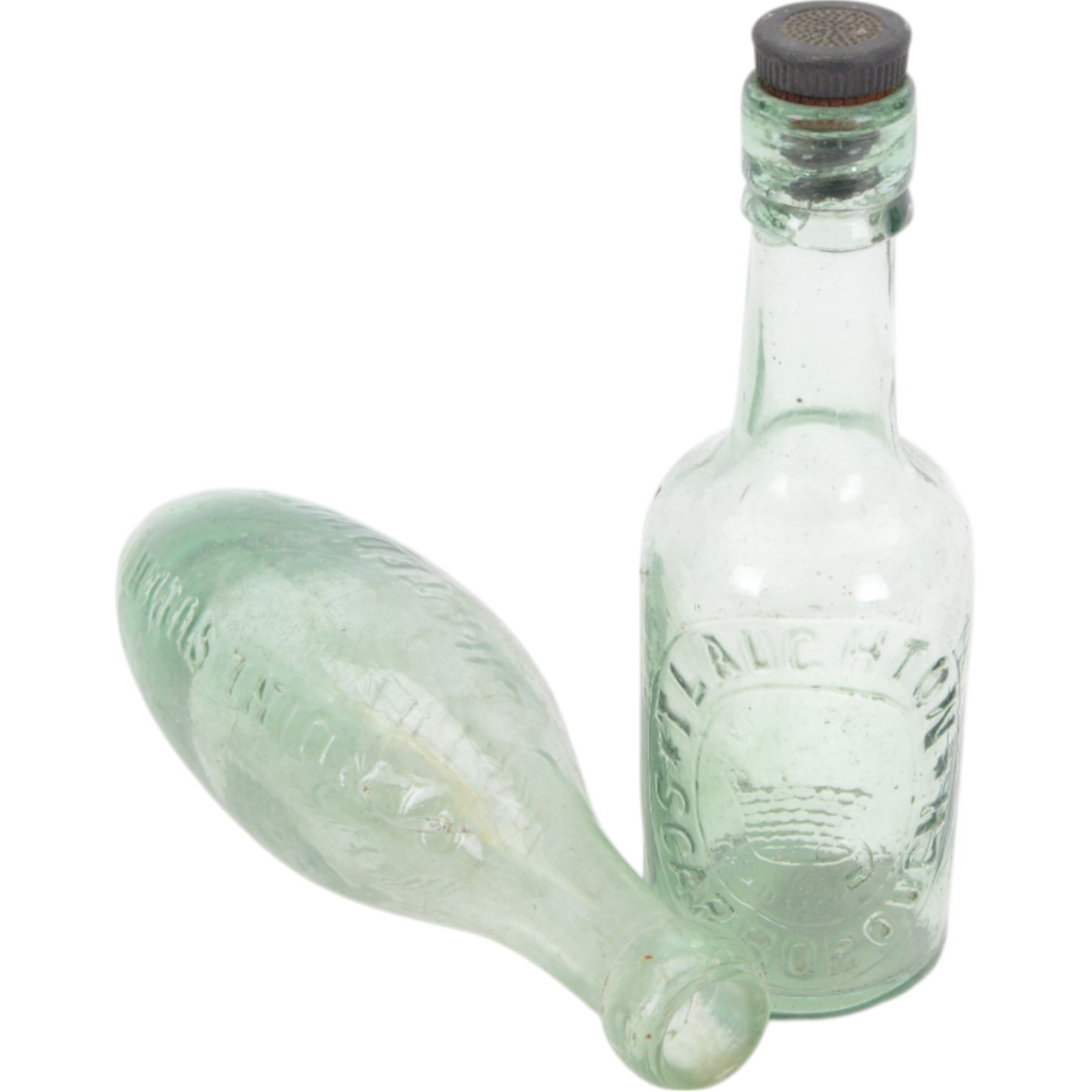 Cream separating bowl 'The Creamsep' and two glass bottles, one impressed 'T Laughton Scarborough', the other 'Genuine Superior Aerated Waters J Bordass Driffield', bowl D27.5cm