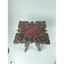 Eastern hardwood folding occasional table, carved with dragons