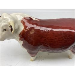 Three Beswick models comprising Hereford Bull no 949, 'CH Cutmil Cupie' Pug, and bay Shire horse, all with printed marks beneath