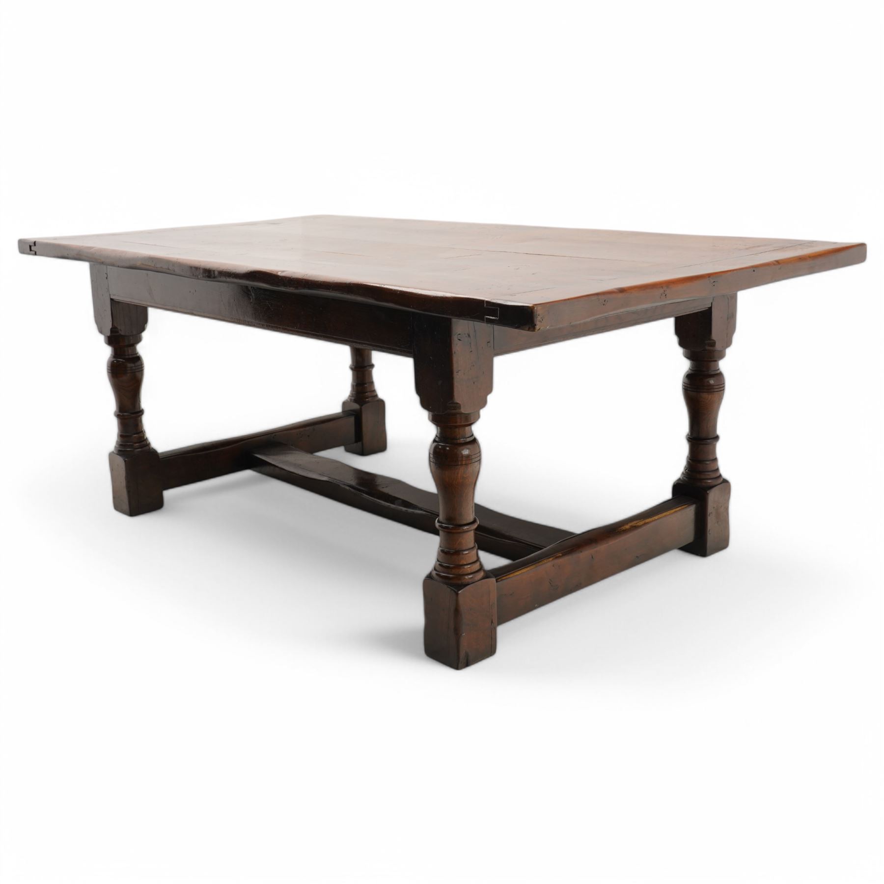 17th century design oak refectory dining table with baluster turned supports  united by a H-shaped stretcher base