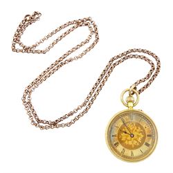 Early 20th century 18ct gold open face keyless lever pocket watch, gilt dial with Roman numeral hour markers, engraved foliate case, London import mark 1907, on rose gold-plated belcher link chain