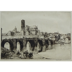 Douglas Ian Smart (British 1879-1970): 'Limoges', drypoint etching signed in pencil, titled verso on gallery label; Romain Malfliet (Belgian 1910-2006): Busy Continental River, etching signed titled and numbered 43/100 in pencil; and a further Scottish coastal etching signed Walter Towers, max 24cm x 68cm (3)