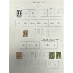 Australia Queensland Queen Victoria and later stamps, including various early perf issues, 1879-82 various values including one shilling, 1882-95 with higher values five shillings, ten shillings and one pound etc, housed on pages