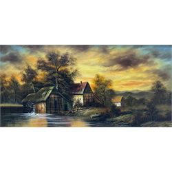 Continental School (20th century): Watermill at Sunset, oil on canvas indistinctly signed 48cm x 98cm