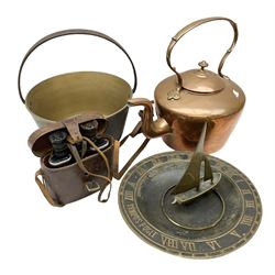 Brass jam pan with iron handle, brass sundial modelled as a boat, copper kettle and a pair of binoculars in case