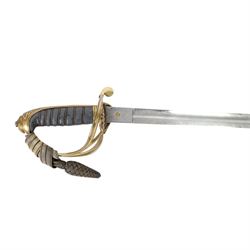 British 1822 pattern, named, infantry officers' sword, the 82cm slightly curved and fullered single edged blade engraved on both sides, bears the Victorian coat of arms and the owners initials 'GB', ricasso marked Grindlay & Co London, the brass basket guard with Victoria cartouche and fold down rear flap, shagreen bound grip with original wire binding and gilt sword knit, with brass scabbard, twin suspension rings and steel chape mount, overall L102cm  