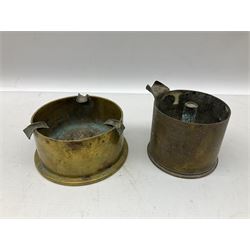 Trench Art - three WW2 brass shell case ashtrays, one mounted with Royal Artillery cap badge and button and one mounted with RA button; together with a pair of place name holders each formed from a Royal Artillery cap badge (5)