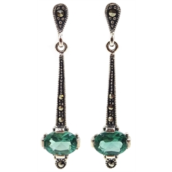  Silver green tourmaline and marcasite pendant ear-rings, stamped 925  