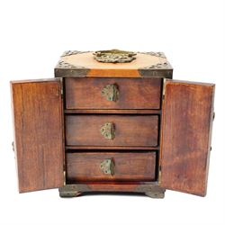 Chinese tabletop greenstone panelled cabinet with brass mounts, feather pulls, revealing three fitted drawers, each with upholstered cushioned interior, with lock and key, H18cm
