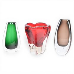 Three mid-century vases, comprising green Czech ‘winged’ vase, cinnamon vase, B894, design...