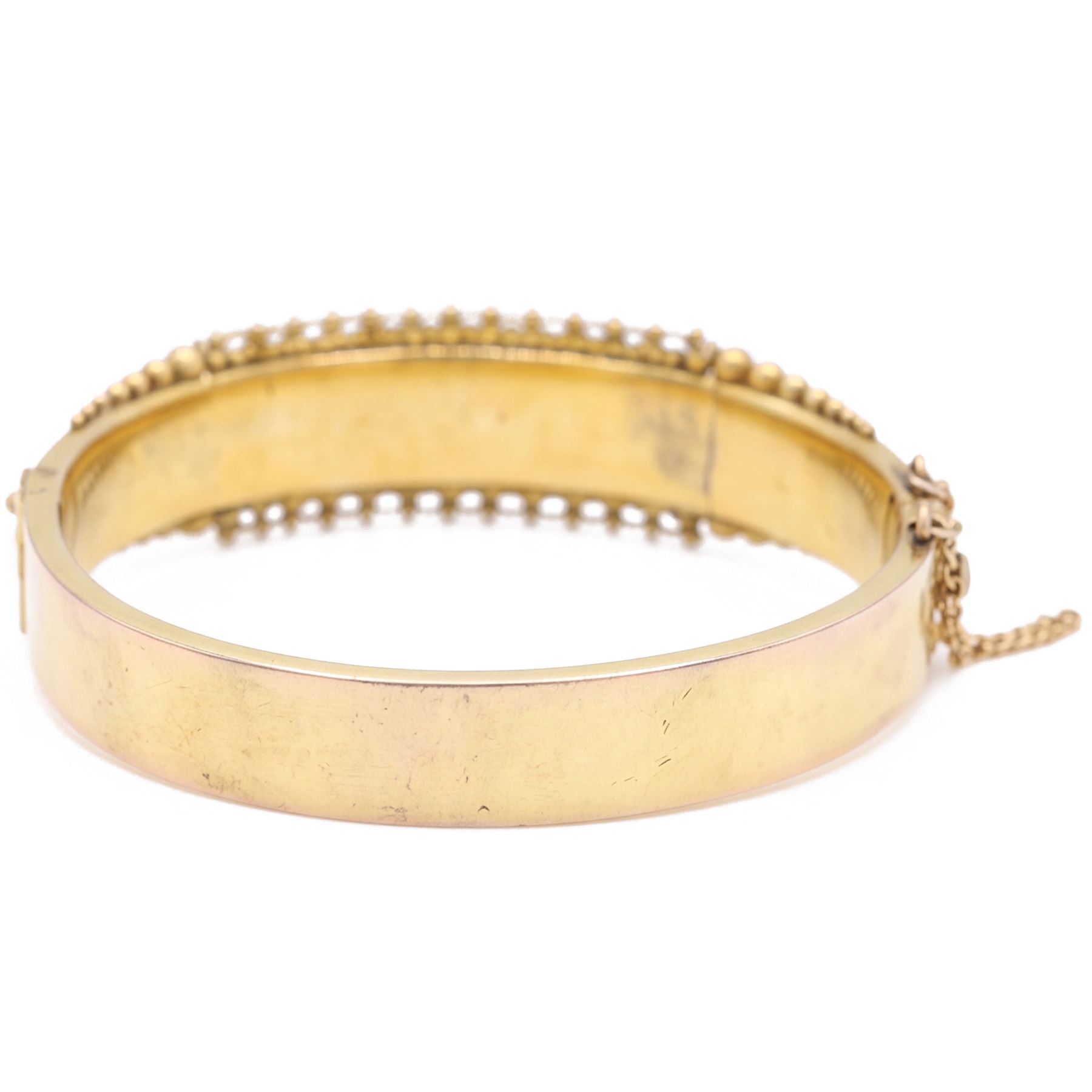 Early 20th century 9ct gold sapphire and diamond three stone hinged bangle, with fancy wirework and bead decoration, Birmingham 1919