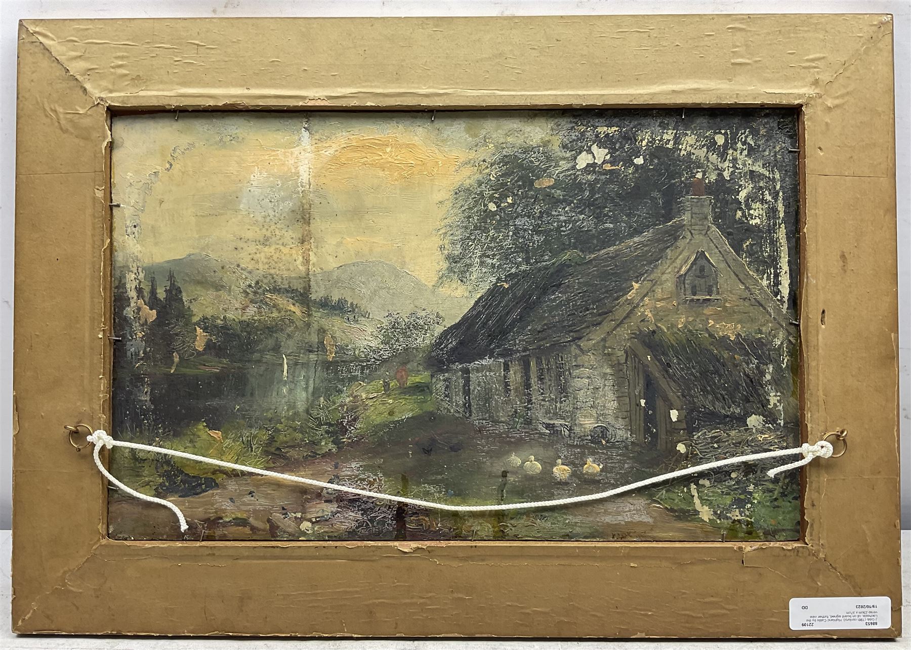 J Gibb (19th century): Scottish Highland Cattle by the Lochside, oil on board signed, further view verso 23cm x 37cm