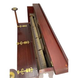 Carl Bechstein - late 19th century German overstrung upright piano, in a model 4 Arts and Crafts case designed by Walter Cave, with a lattice music desk and fretted silk backed front panel, brass hinged case lid and key fall with square tapered candle holders and circular sconces, iron frame, serial number 52187 (1899-1900), with an under damper action, 85 ebony and ivory keys, sustain and una corda pedals, original action, stringing, dampers, and action return straps, registered case number 328639, USA patent 24805.

This item has been registered for sale under Section 10 of the APHA Ivory Act