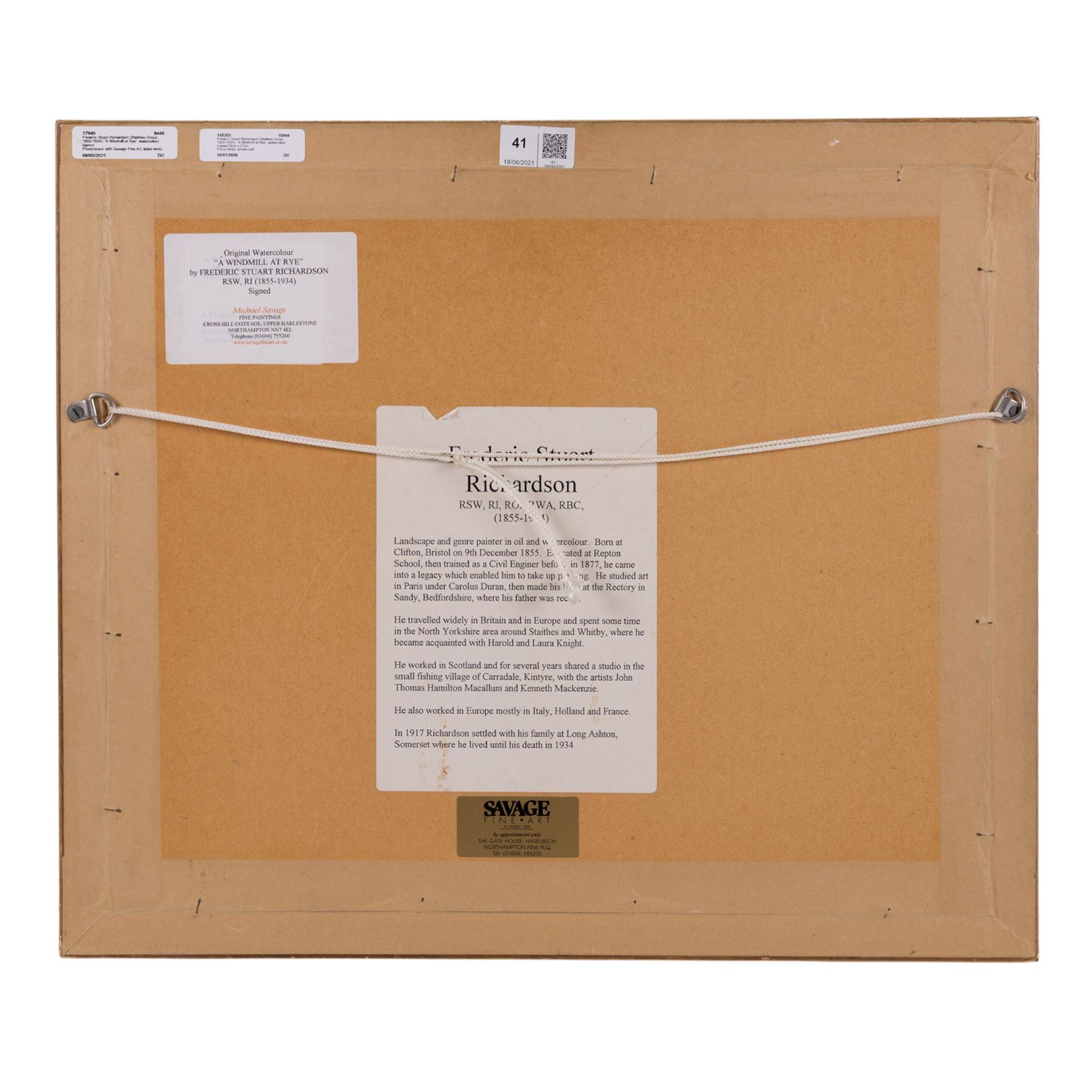 Frederic Stuart Richardson (Staithes Group 1855-1934):  'A Windmill at Rye', watercolour signed 20cm x 27cm 
Provenance: private collection purchased David Duggleby 18th June 2021, Lot 41; with Savage Fine Art Northampton, label verso