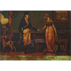 Pair of 19th century coloured reverse glass prints, The Affectionate Wife and The Happy Sportsman, H36cm, L46cm