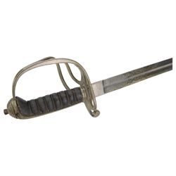 British Artillery Officer's sword by J. Daniels & Co, Artillery Place Woolwich, the 88cm steel blade engraved Durham R.G.A (H.E), wirebound fishskin grip, chequered backstrap and stepped domed pommel, in brown leather scabbard, overall L104cm