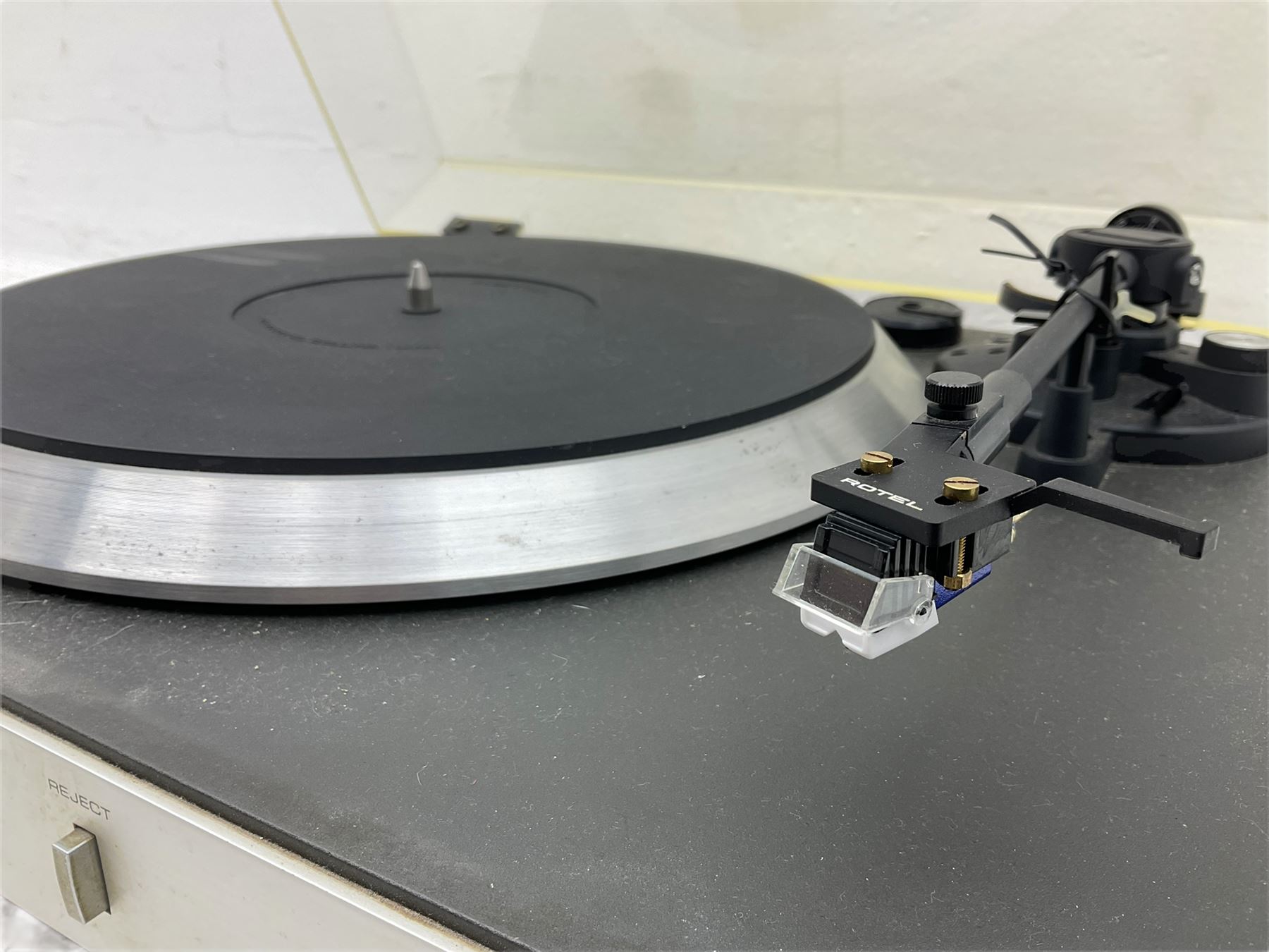 Rotel record player with pioneer amps and cassette deck with a pair of Wharfdale speakers