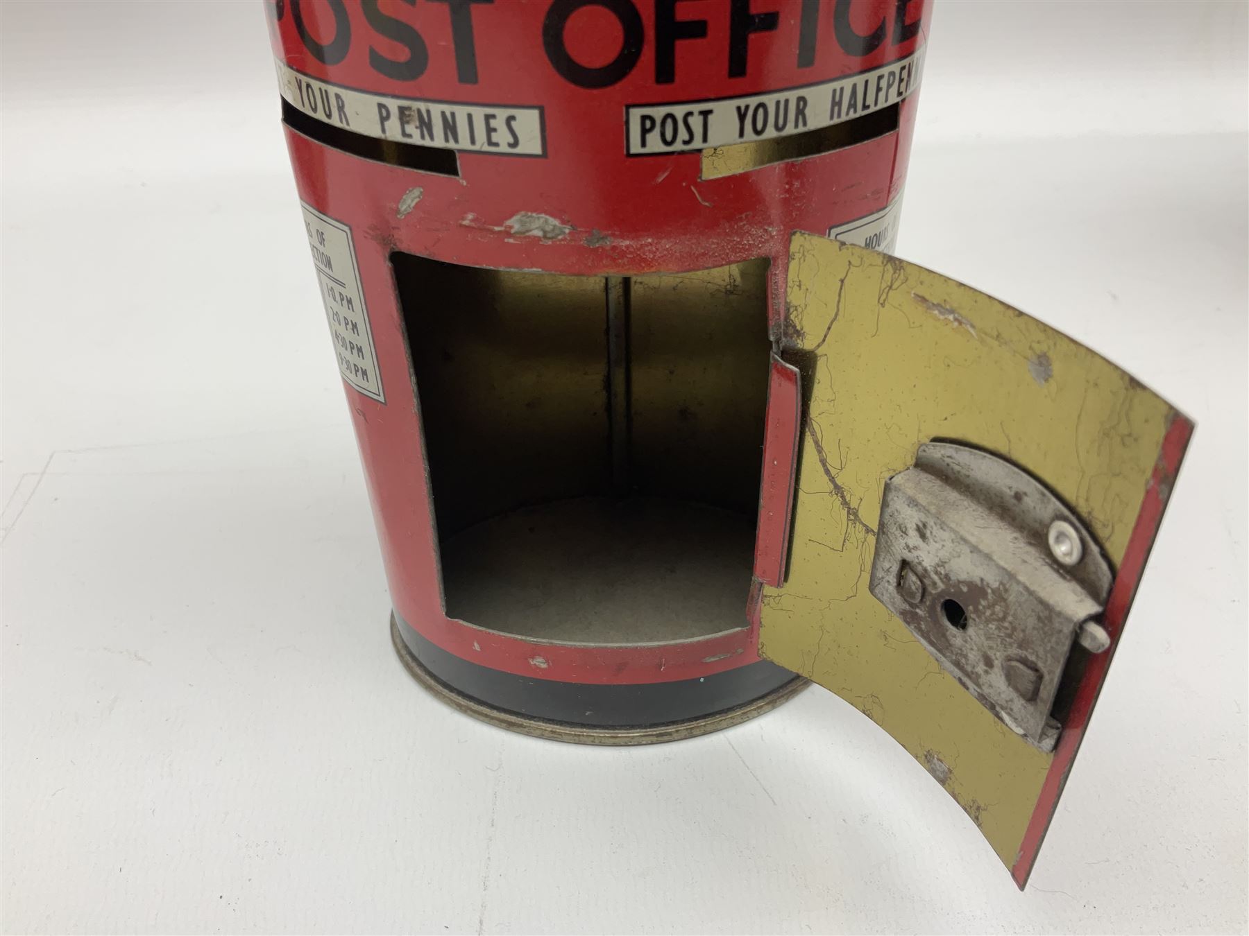 Collection of tin plate money boxes in the form of Royal Mail post boxes, to include four Chad Valley examples, one with key and others similar,  marked VR, GR and ER (10)