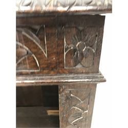 Victorian heavily carved oak bookcase, rectangular top with carved and moulded edge, flower head lunette frieze, three adjustable shelves, W92cm, H114cm, D32