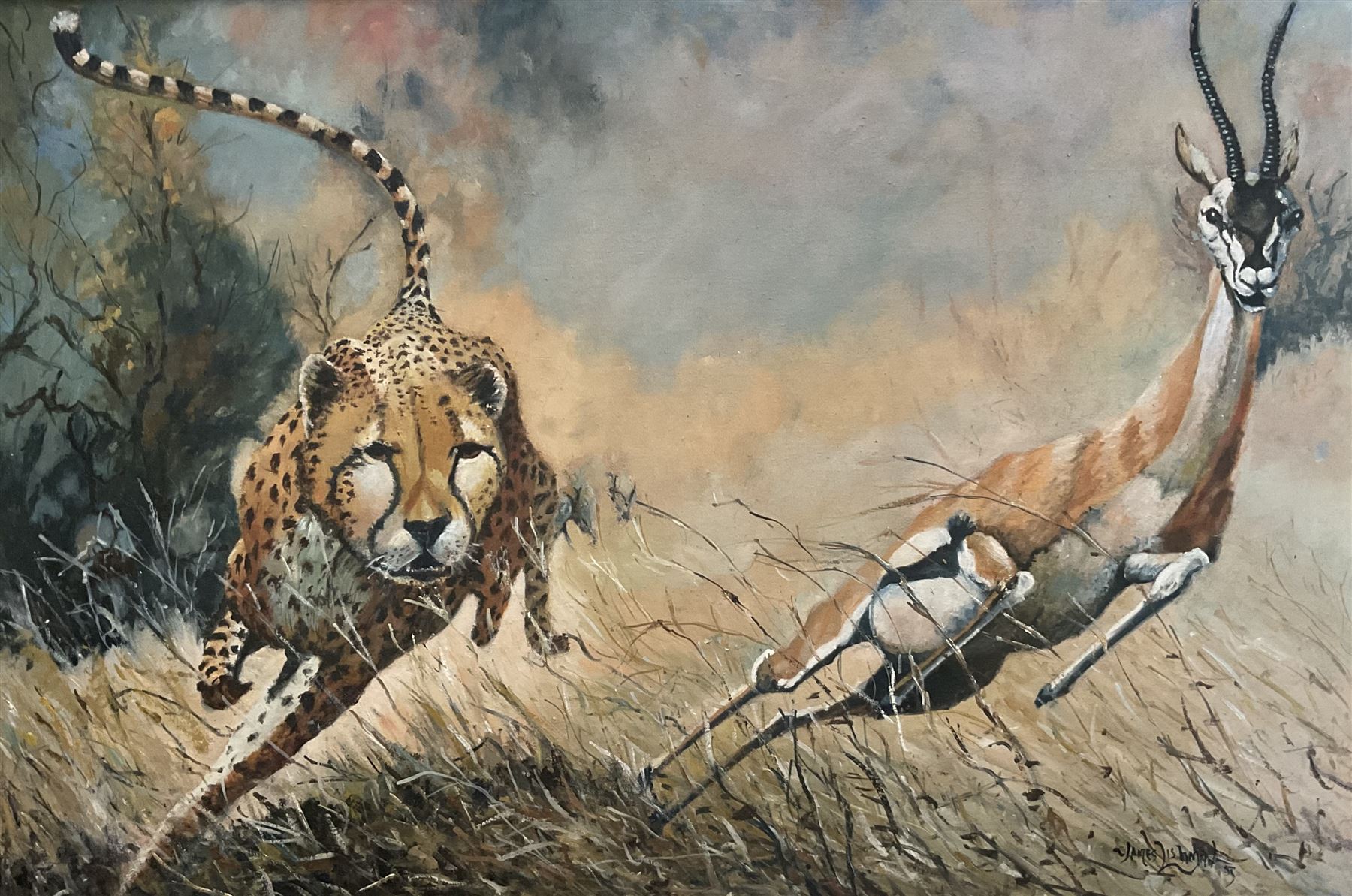 James Lishman (British 1931-2024): 'In for the Kill', oil on board signed, titled verso 60cm x 88cm 