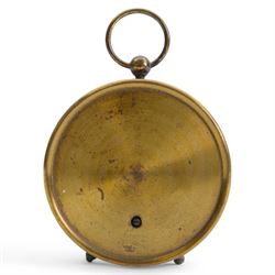French- late 19th century desktop aneroid barometer in a circular gilt metal case with carrying ring, 3.5 inch paper printed register with predictions and barometric air pressure, with a steel indicating hand and brass recording hand, adjustment screw to the rear.