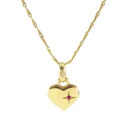 Links of London 18ct gold heart pendant, set with a single ruby, on 18ct gold fancy link chain necklace, both hallmarked