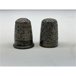 1930's silver lobster pick, hallmarked Birmingham 1936, two Victorian silver thimbles, glass dressing table jar with silver cover, part babies rattle with bone teething ring, approximate weighable silver (not including glass or rattle) 45.3 grams