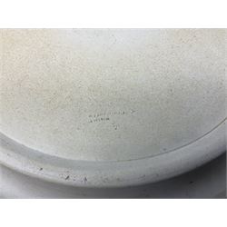 Late 19th century pale blue Wedgwood Jasperware cheese dome with cover, decorated with acorn and oak leaf bands surrounding neo-classical ladies, cherubs, flowers and trees, impressed Wedgwood mark beneath, together with further Wedgwood Jasperware teapots, boxed dishes etc