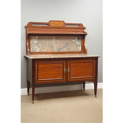  Edwardian inlaid mahogany washstand with marble back and top, two panelled cupboards, satinwood banding, W130cm, H147cm, D63cm  