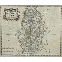 Robert Morden (British c.1650-1703): 'Nottinghamshire', early 18th century engraved map with hand-colouring 35cm x 42cm