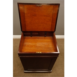  Victorian birds eye maple davenport, turned gallery above sliding sloped top with leather inset, hinged with fitted interior, right hand with bank of four graduating drawers and pen slide, plinth base, W55cm, H84cm, D55cm  