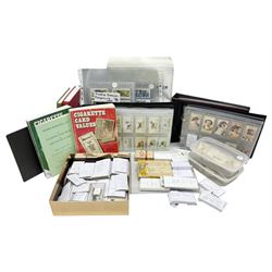 Quantity of mostly cigarette cards, housed in ring binder albums and loose, by Ardath, W.D. & H.O. Wills, John Player & Sons, The American Tobacco Co etc, including famous film stars, cinema stars, wild birds, poultry, dogs etc and various books or catalogues relating to cigarette card collecting, in one box