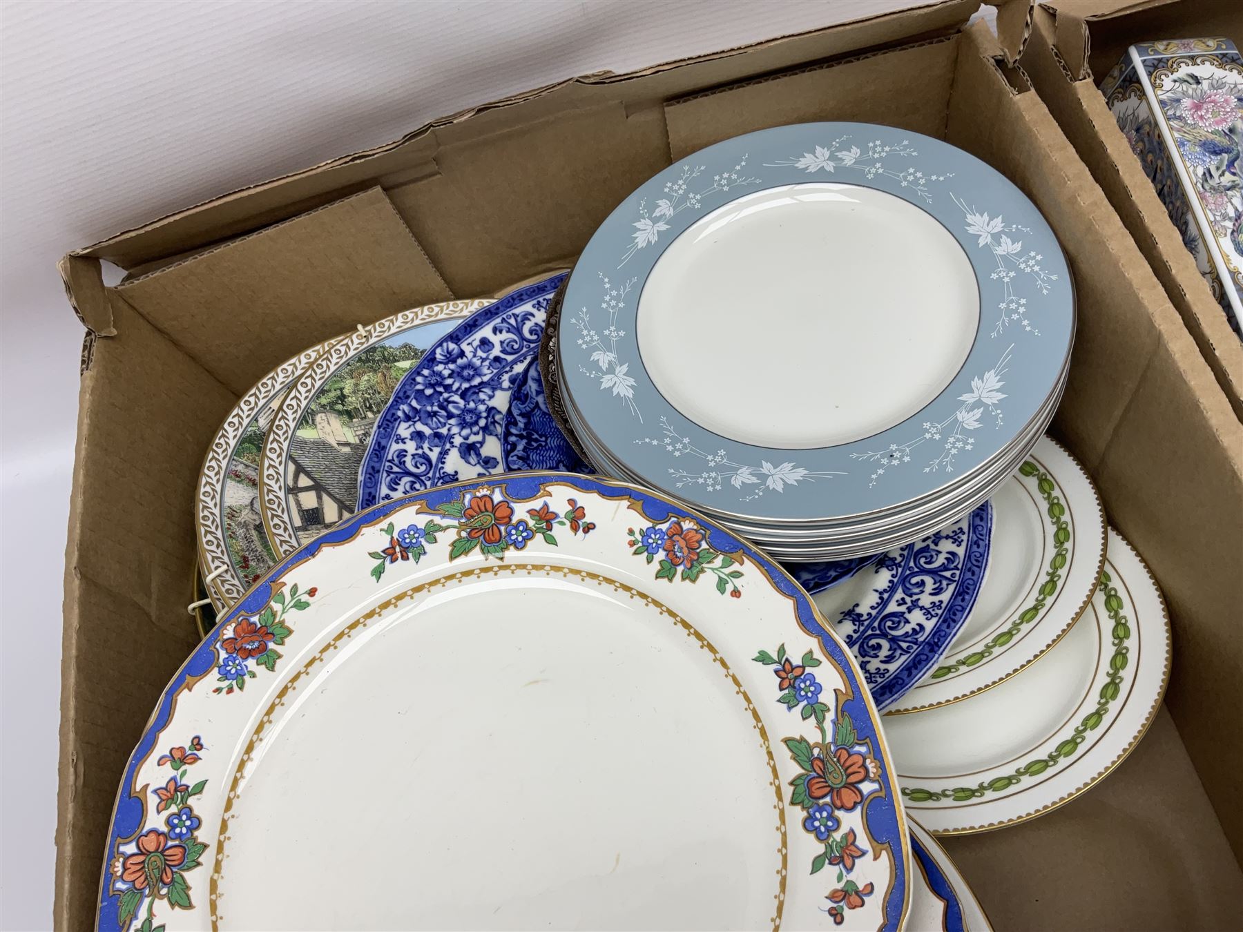 Wedgwood jasperware trinket box, commemorative ware, blue and white ceramics and a collection of other ceramics and collectables in five boxes