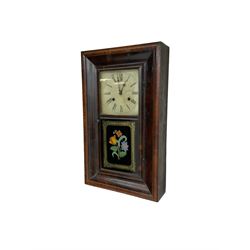 Jerome & Co - American late 19th century 30 hr weight driven mahogany wall clock, with deep ogee moulding and glazed door with a painted tablet,
Painted dial with Roman numerals and Maltese cross hands, twin train movement, striking the hours on a coiled gong. With weights and pendulum.
