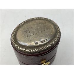 Hip flask by G & J Hawksley, with silver plated cup engraved with vacant shield surrounded by foliate motifs and leather grip, L13cm, together with hallmarked silver topped ring box, stamped silver The Poetry Society medal and silver plated wine coaster with pierced gallery and turned wood base 